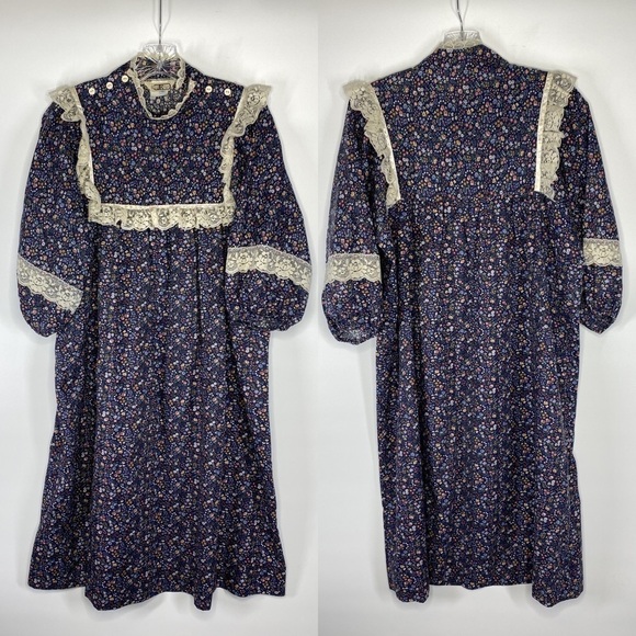 Vintage Sears JR Bazaar Prairie Floral Blue Lace Cottagecore Maxi Dress Large - Picture 1 of 10